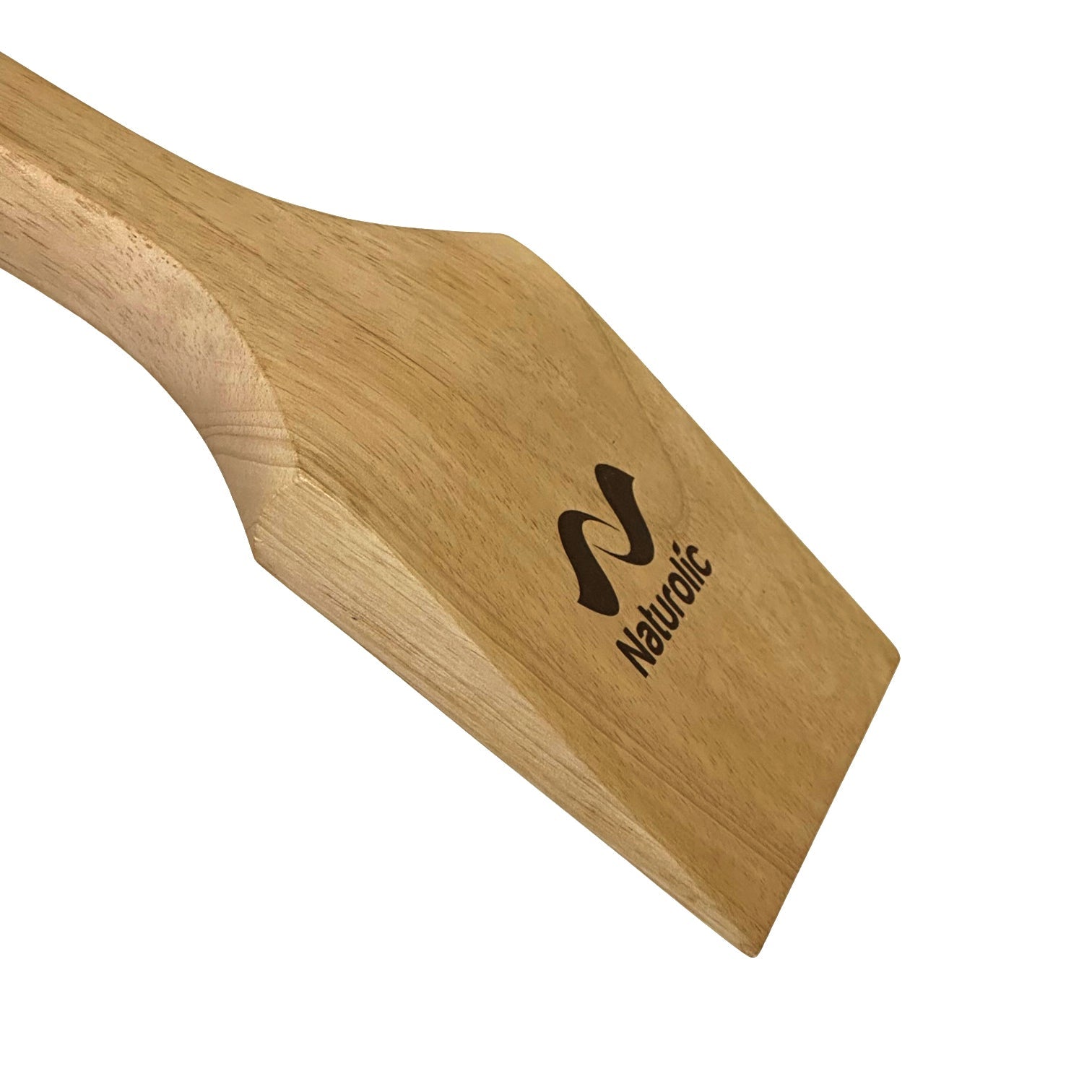 Close-up of the Wooden Grill Scraper 14”, showcasing the durable rubber wood design and Naturolic logo.