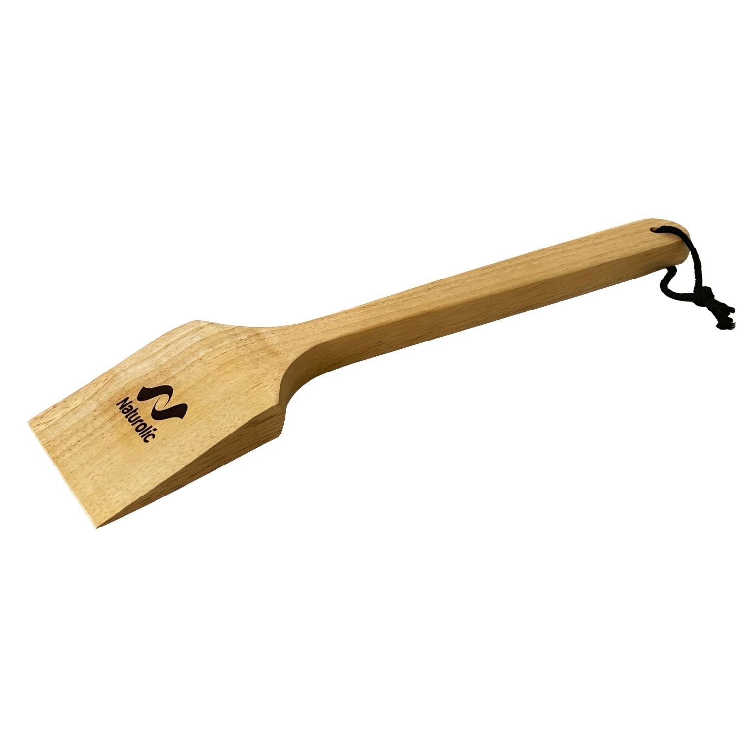 Wooden grill scraper 18 inch made of rubber wood for cleaning grills without harmful chemicals.