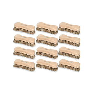 Natural fiber scrub brush set featuring 12 eco-friendly brushes with wooden handles and natural bristles.