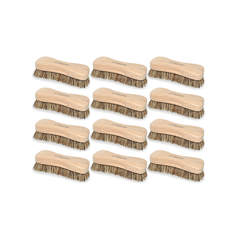 Natural fiber scrub brush set featuring 12 eco-friendly brushes with wooden handles and natural bristles.